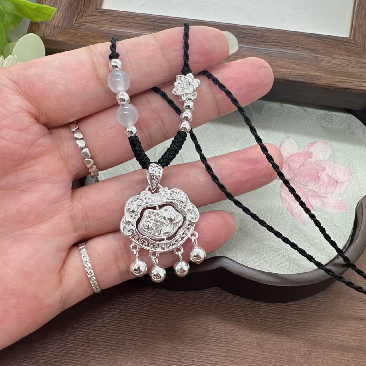 足银999纯银灵动莲花吊坠手工编织银项链平安锁女新中式银锁礼物