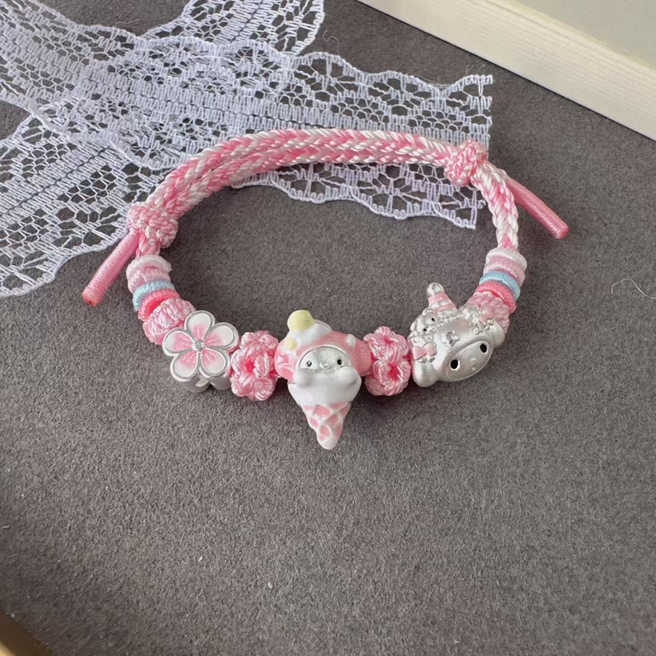 足银999纯银美乐蒂冰淇淋桃花可爱甜美手链闺蜜同款礼物手作编绳