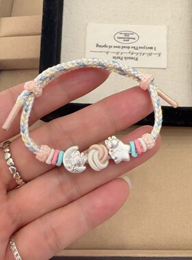 足银999星星人纯银配件手工编绳diy泡泡玛特抱兔狐狸kt猫手串银珠