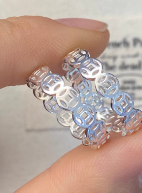 五帝钱铜钱发财999纯银戒指子闭口食指戒复古中国风足银尾戒礼物