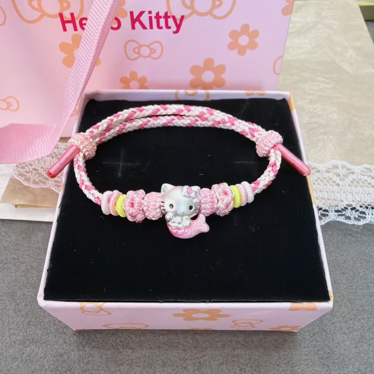 新款编织手绳足银999helloKitty猫手链纯银美人鱼桃花女友礼物