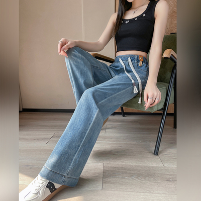 少女加长松紧腰直筒牛仔裤夏薄款宽松初中高中学生休闲窄版阔腿裤