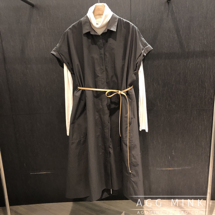 春季韩国V家~高级感御姐女王范打底+衬衫裙纯色腰带2件套连衣裙