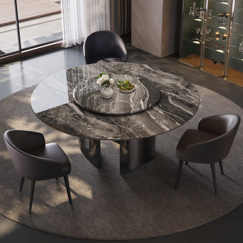 威尼斯棕天然大理石圆餐桌奢石圆形轻奢客厅家用新款小户型饭桌子