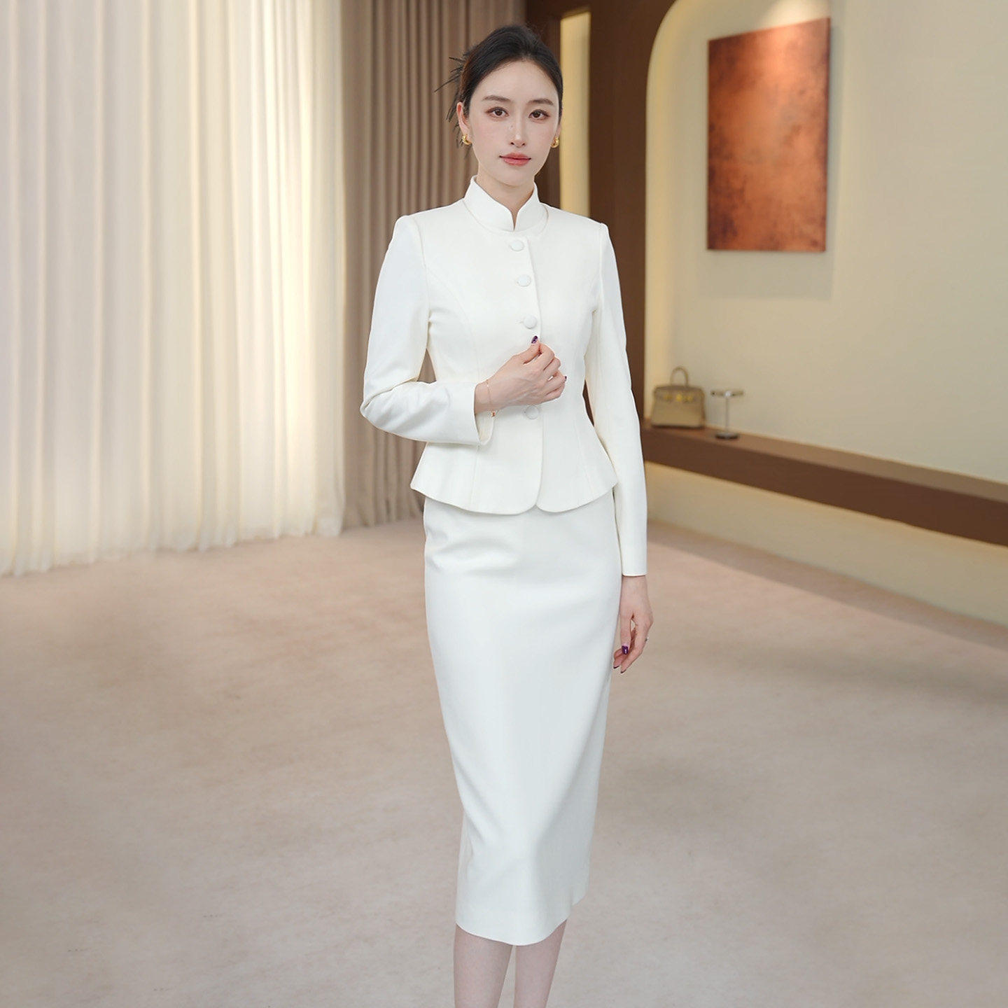 钟老板2026春秋新款西装连衣裙女收腰显瘦七分袖干练气质通勤裙子