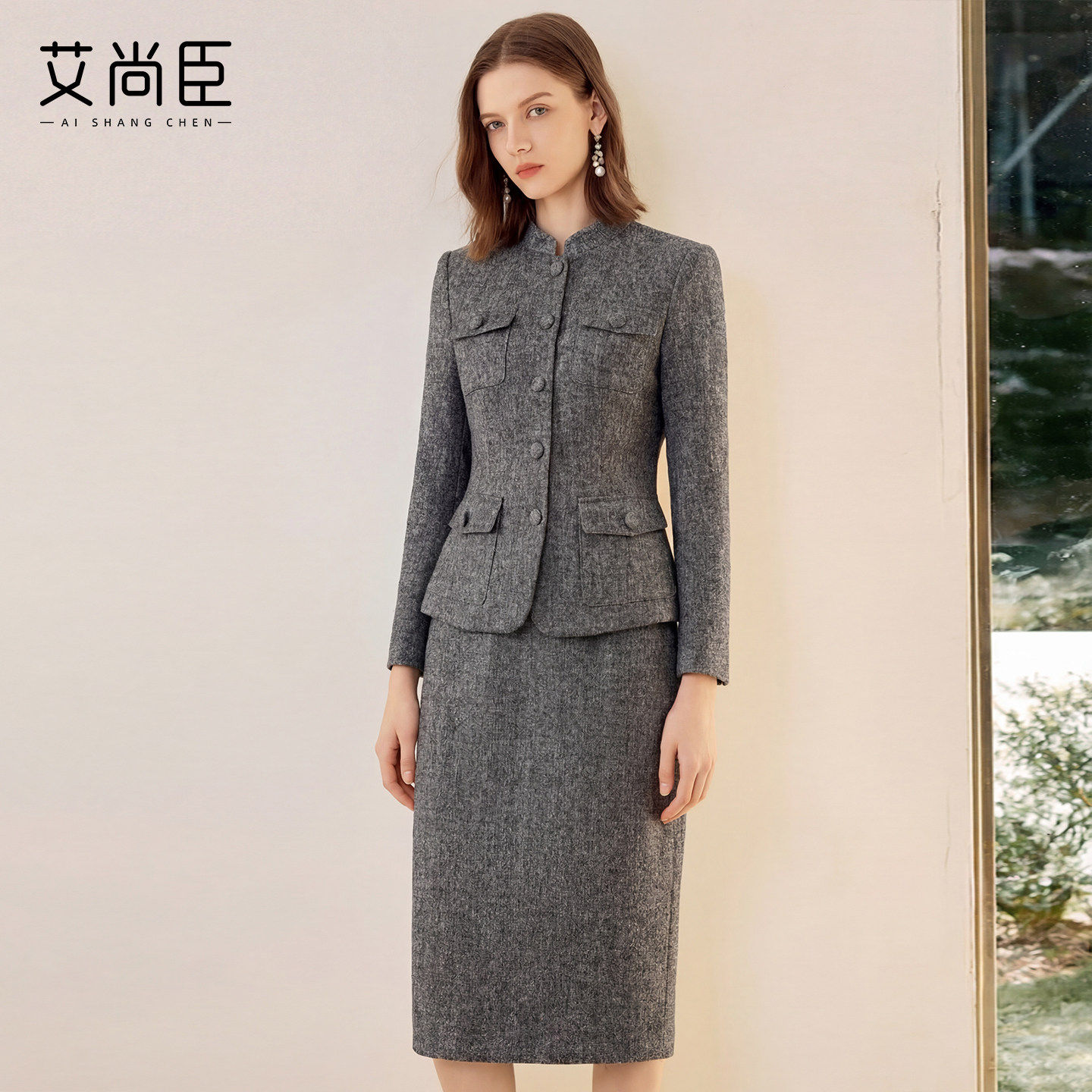 艾尚臣正肩立领酒店制服西装外套半身裙两件套女职业装工作服