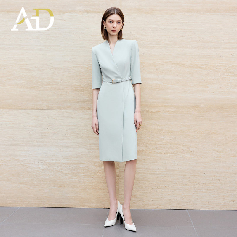 AD蓝色连衣裙女高级感职业装2025秋季穿搭七分袖西装裙子气质收腰