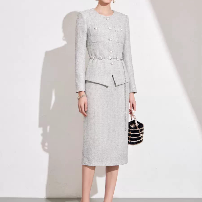 女子成鉴 早秋新款灰色显瘦西装半身裙两件套职业装套装