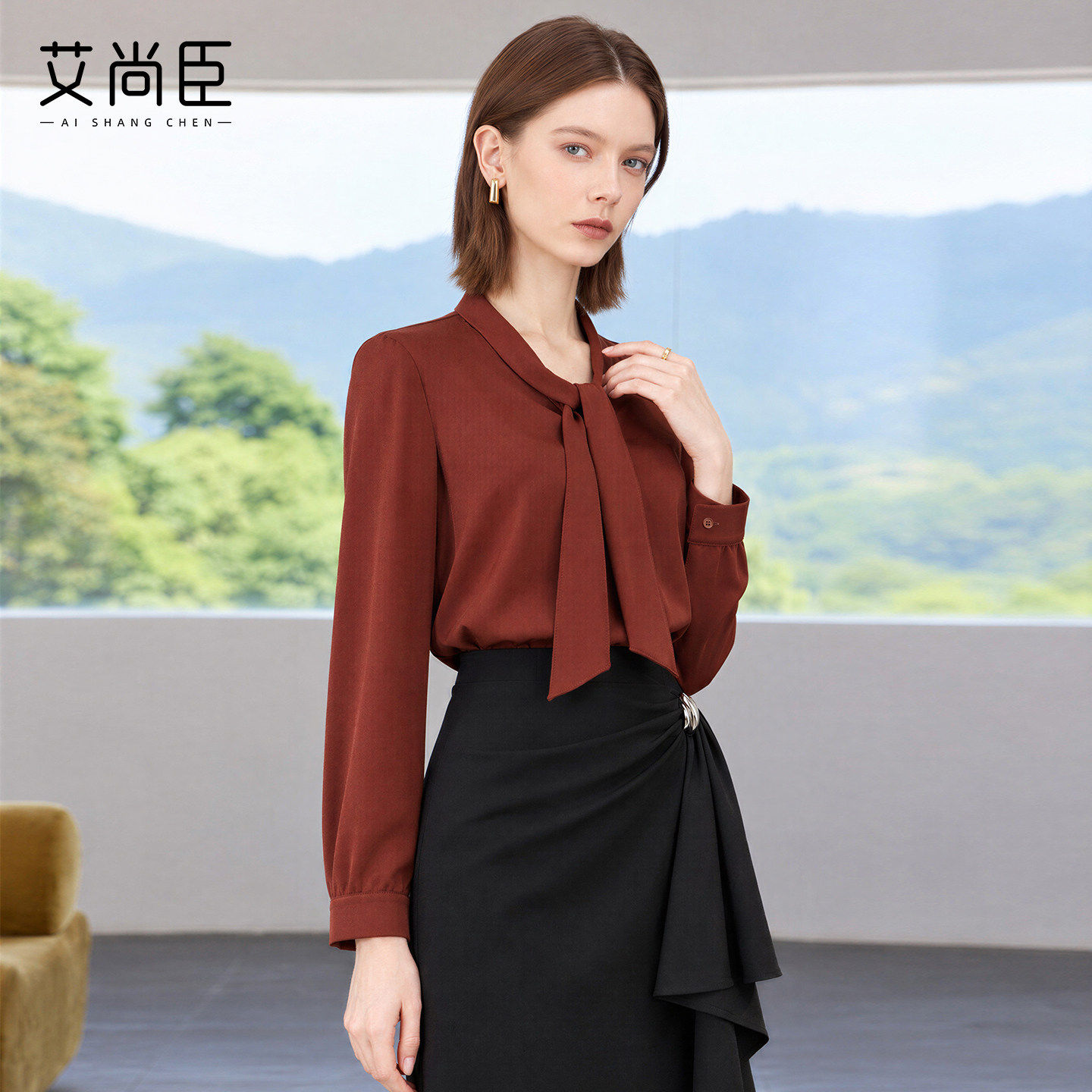 艾尚臣知性浪漫风飘带衬衫女士长袖V领系带设计感通勤职业装上衣