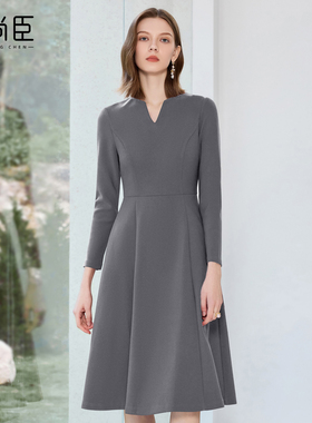 艾尚臣灰色职业连衣裙女气质设计感职业装优雅裙子正式场合工作服