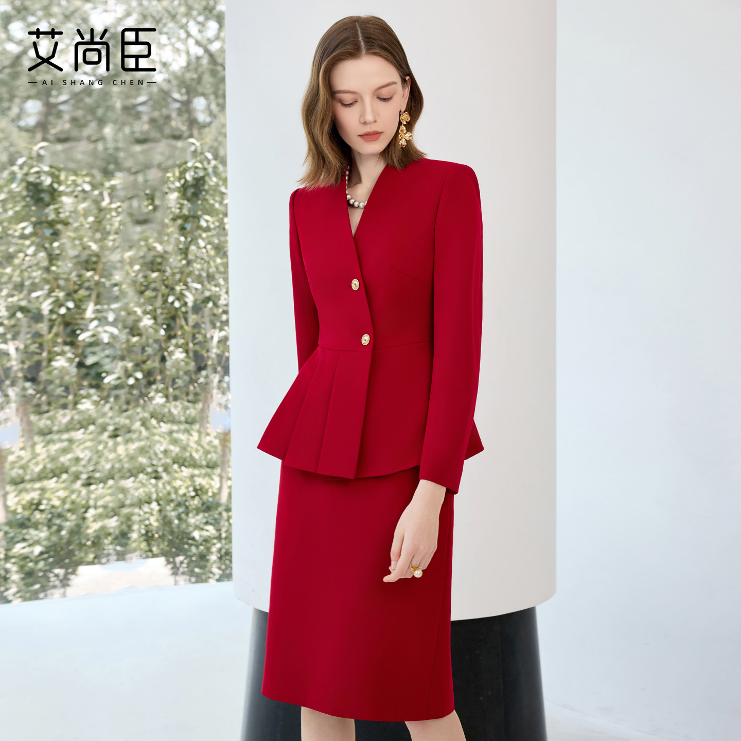 艾尚臣红色西装套裙女秋上班通勤穿搭套装高端职业气质案场工作服