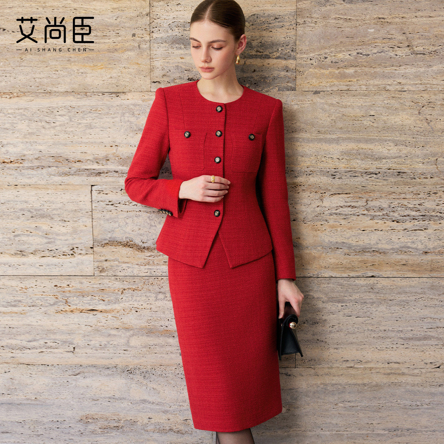 艾尚臣红色小香风时尚套装女秋冬外套半裙两件套气质女装喜宴穿搭