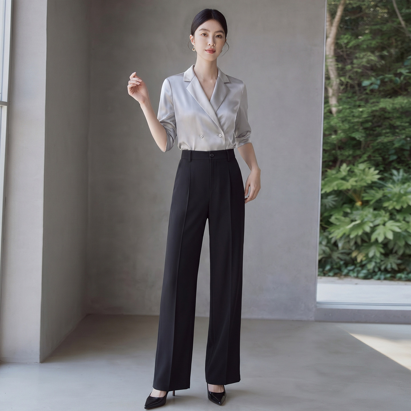 艾尚臣轻熟优雅通勤风灰色衬衫女夏季七分袖翻领职业气质显瘦上衣