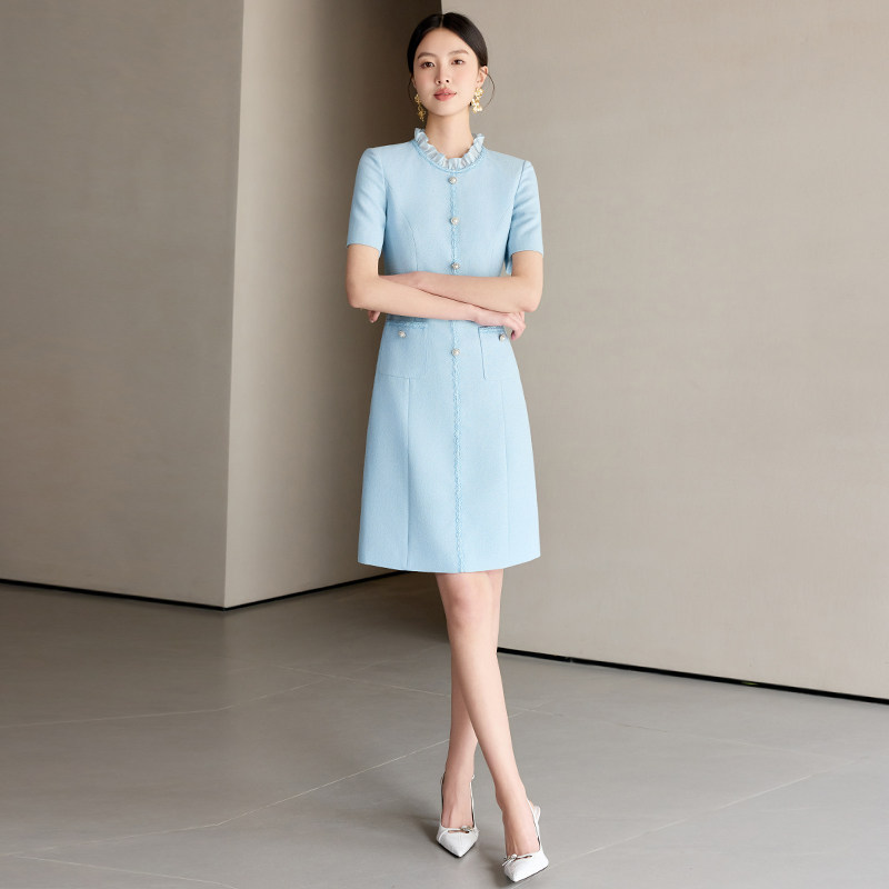 蓝色法式职业连衣裙修身显瘦秋正装医美工作服小香风正式场合裙子