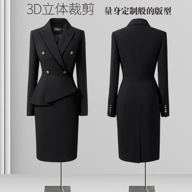 黑色职业连衣裙高级感西装裙气质女神范柜姐前台工装珠宝店工作服
