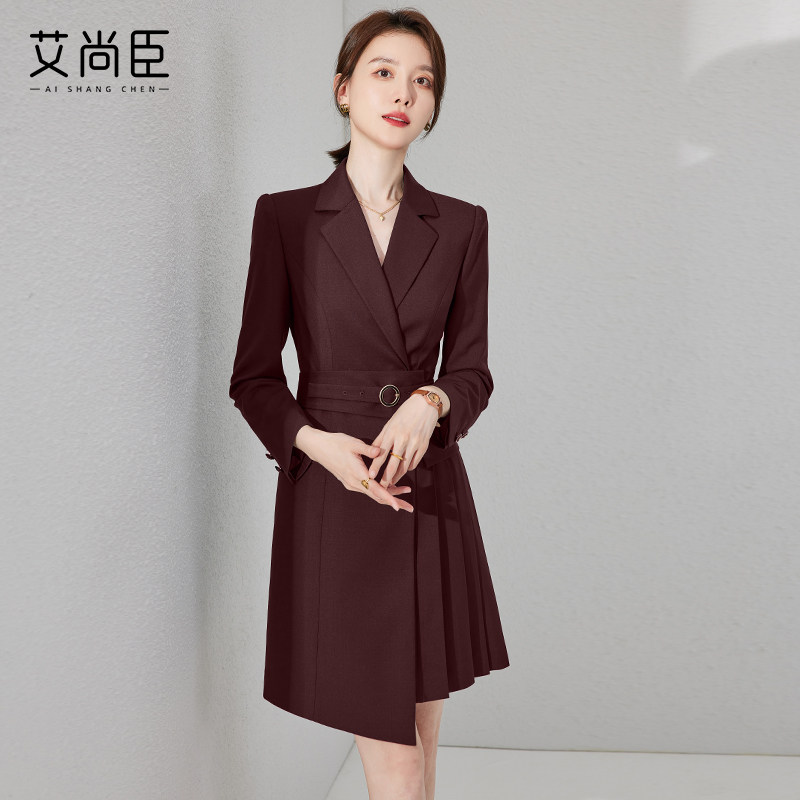 艾尚臣职业西装连衣裙2024秋季新款气质收腰女装安可拉红职业装裙