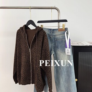 复古显瘦开衫 新款 上衣 华夫格豹纹连帽抽绳宽松外套女秋季 25秋新款