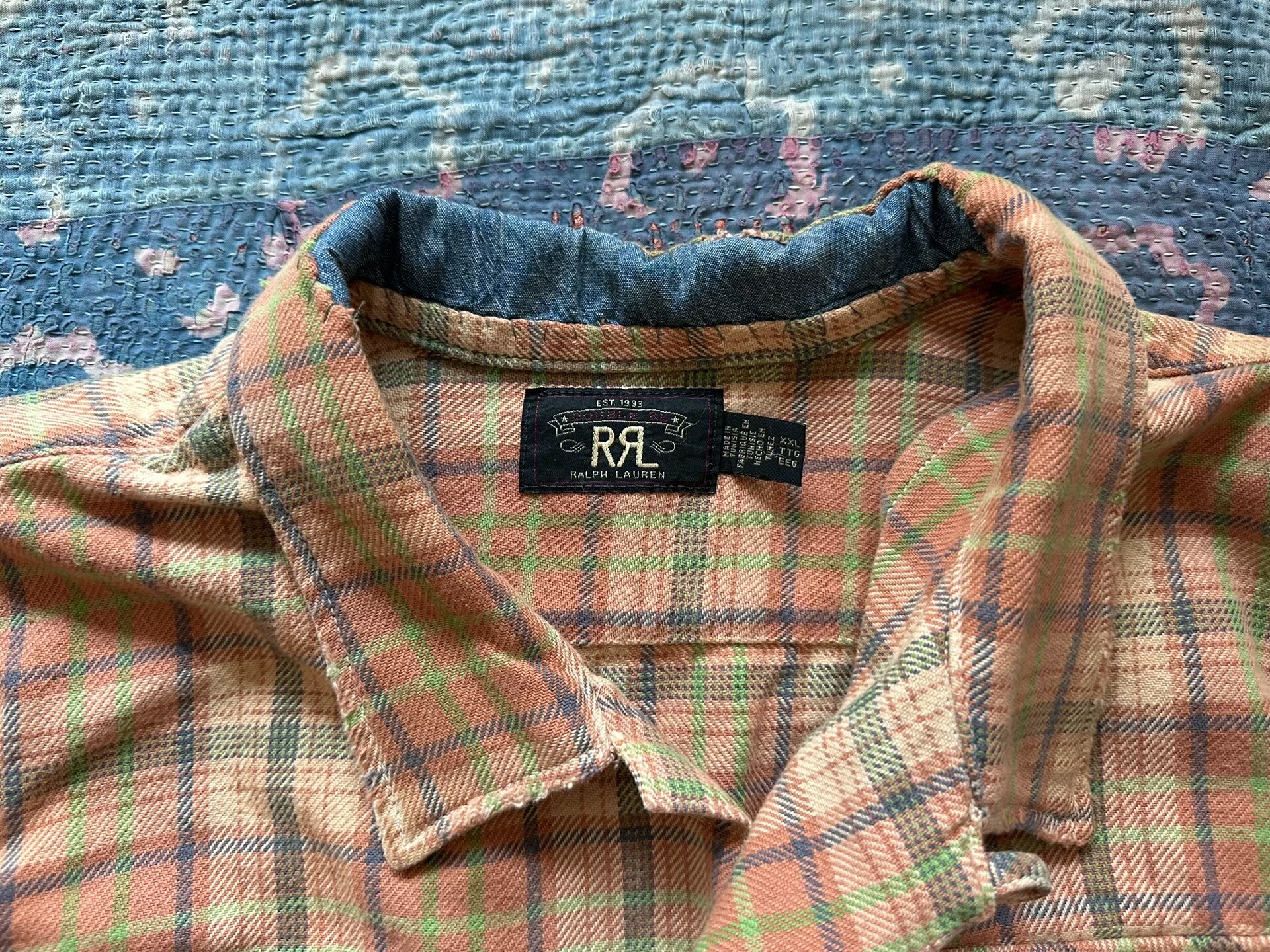 RRL Distressed Patch Plaid Shirt — detail