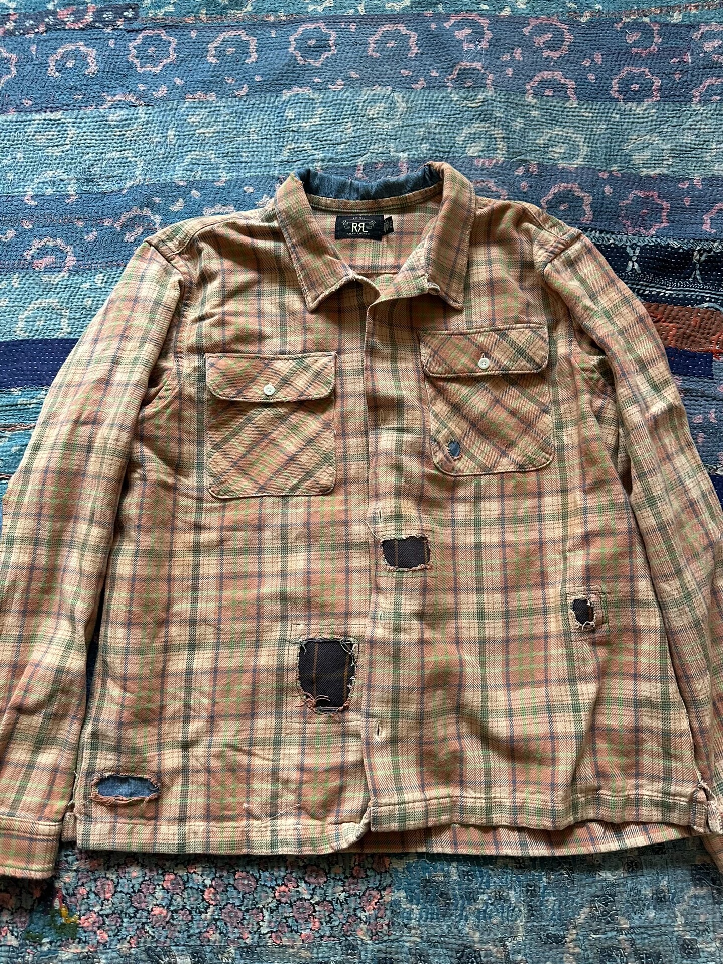 RRL Distressed Patch Plaid Shirt