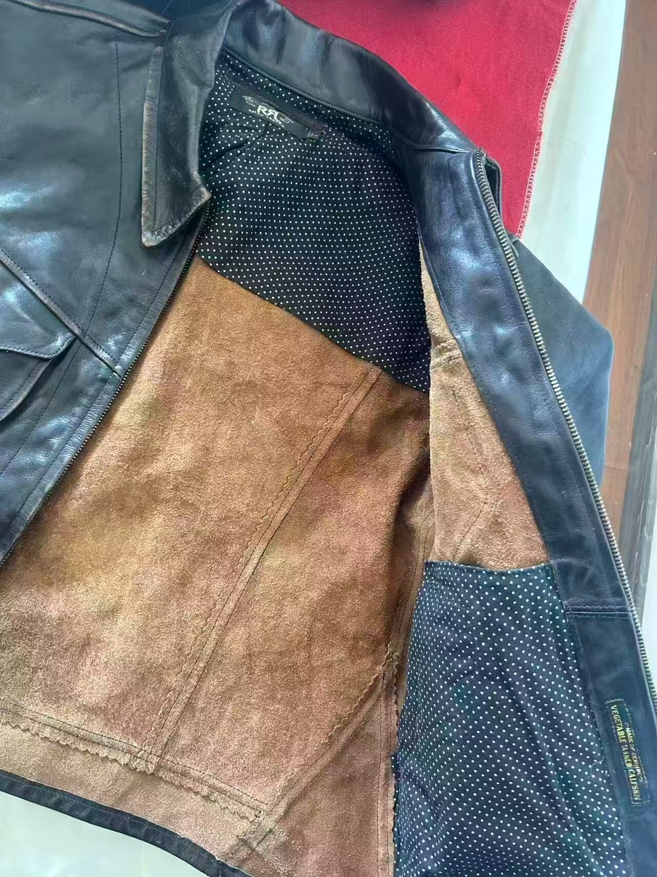 RRL Mendoza Distressed Leather Jacket — label