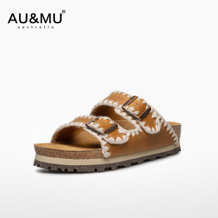 外穿舒适软木底懒人一脚蹬一字拖鞋 山茶花勃肯女鞋 新品 AU&MU夏季