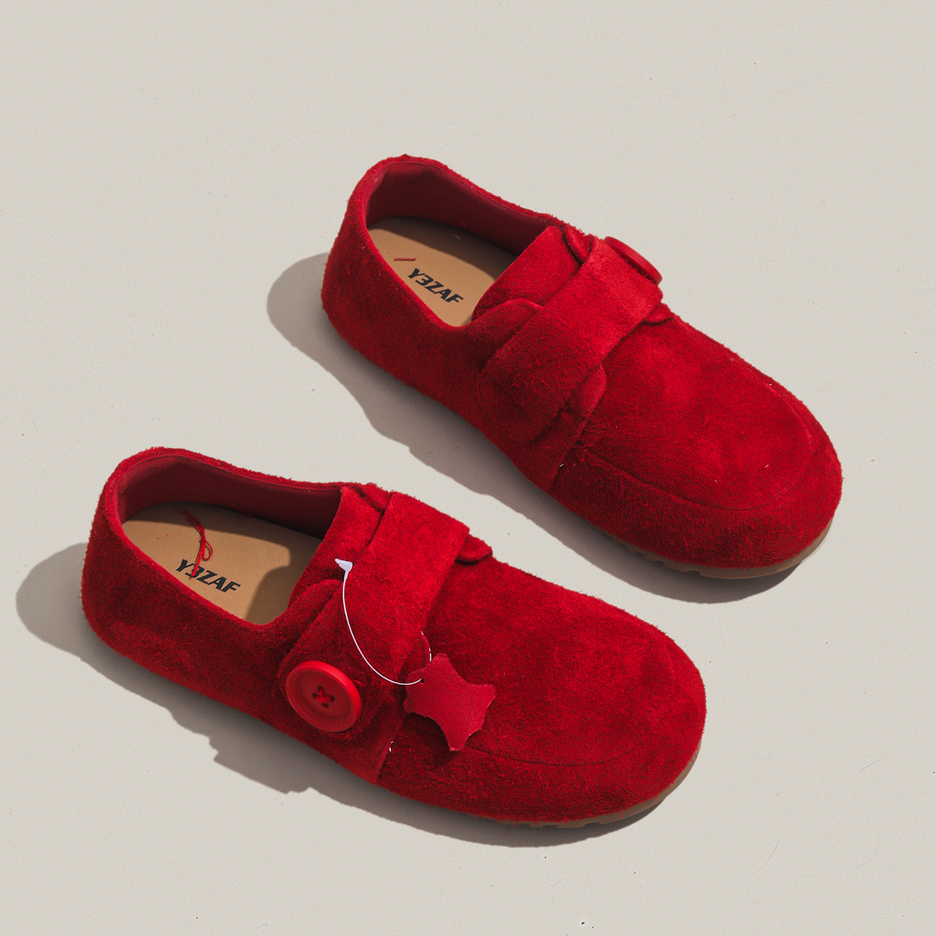 周周推荐~真皮勃肯鞋女2025秋季新款红色小众圆头百搭休闲单鞋子