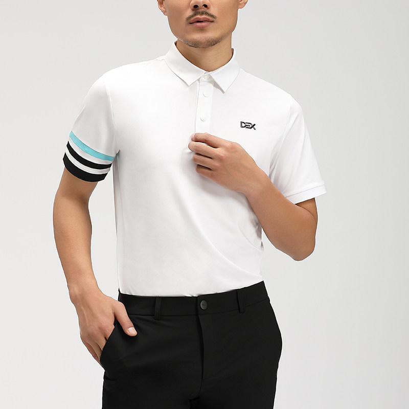 DEXGOLF韩国高尔夫男短袖T恤新款夏季冰丝条纹袖口polo衫白色速干