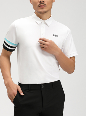 DEXGOLF韩国高尔夫男短袖T恤新款夏季冰丝条纹袖口polo衫白色速干