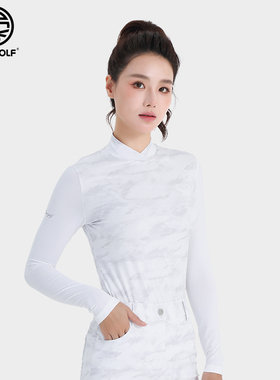 DEXGOLF韩国高尔夫女装夏冰丝弹力印花打底衫休闲上衣立领运动T恤