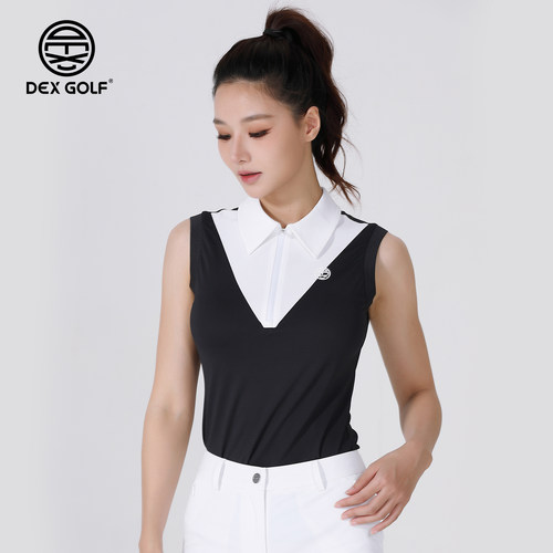 DEXGOLF高尔夫服装女士夏季翻领无袖显瘦上衣假两件背心翻领背心