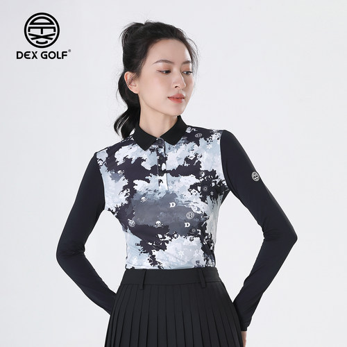 DEXGOLF韩国高尔夫上衣春夏水墨印花POLO衫长袖速干显瘦弹力上衣