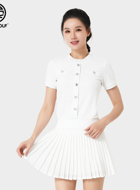 DEXGOLF韩国高尔夫球服装女套装夏季冰丝白色短袖t恤速干百褶短裙