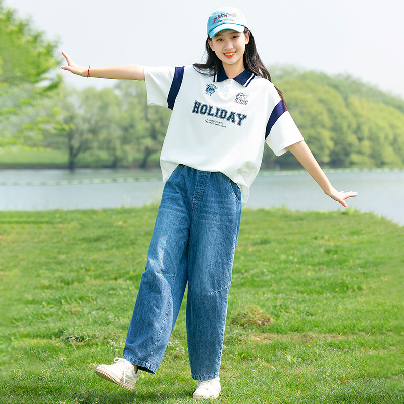 初中学生时尚少女孩夏季polo衫套装2023新款大童夏天衣服高中女生