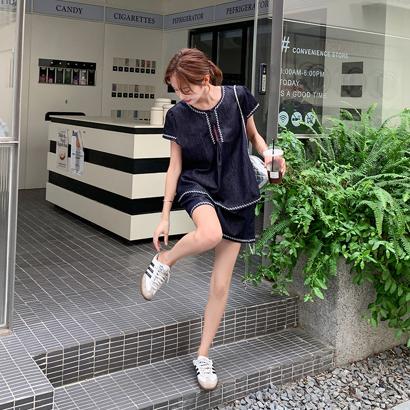 新品！刺绣牛仔上衣短裤两件套8680-P155-K238,女装套装/套裙,2C186