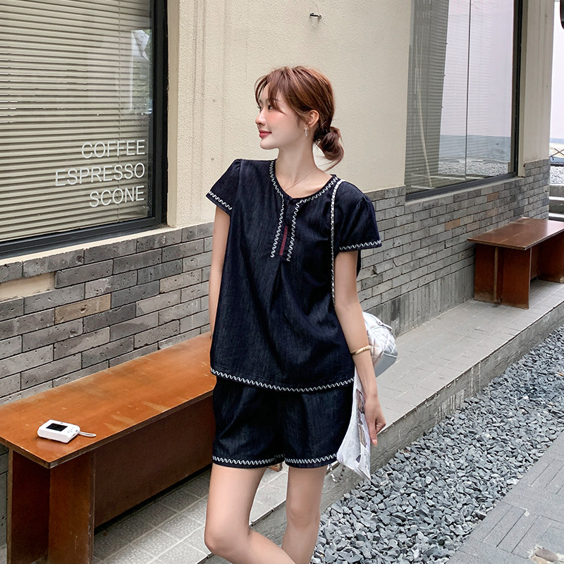 新品！刺绣牛仔上衣短裤两件套8680-P155-K238,女装套装/套裙,2C186