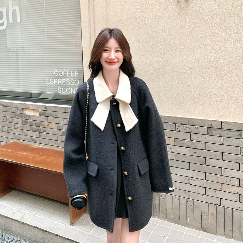 已出货！黑灰色蝴蝶领双面呢外套86108-P265-K398,女装毛呢外套,2C186