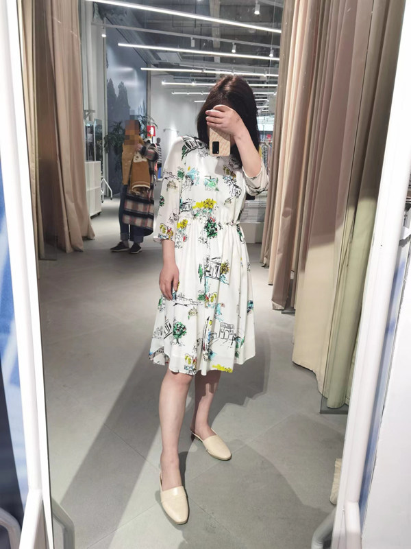 春夏设计师款高档时装奶白色艺术印花七分袖清新桑蚕真丝连衣裙女