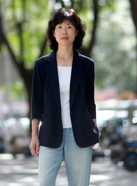 藏蓝色七分袖薄款针织西服春夏新款无垫肩休闲通勤弹力西装外套女