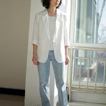 白色西装外套女2025夏季新款天丝亚麻修身单层七分袖薄款西服89