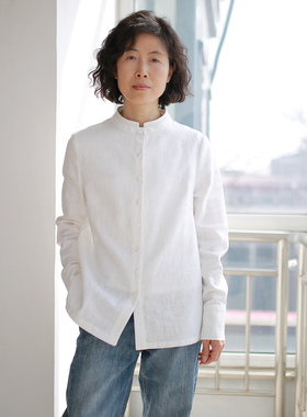 早春新品中式小立领基础款透气白色不透休闲高级感宽松亚麻衬衫