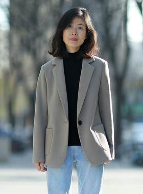 秋冬修身西装外套女单层厚款新款商务通勤无垫肩针织弹力正肩西服