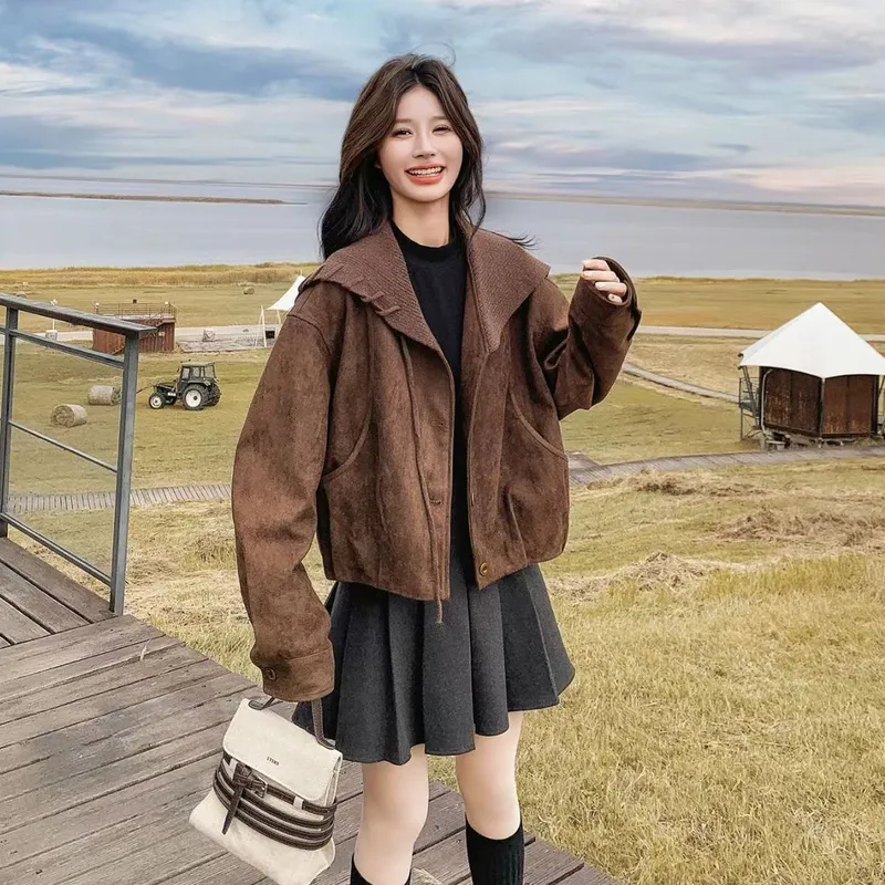 法式复古麂皮绒翻领短外套女20短外套