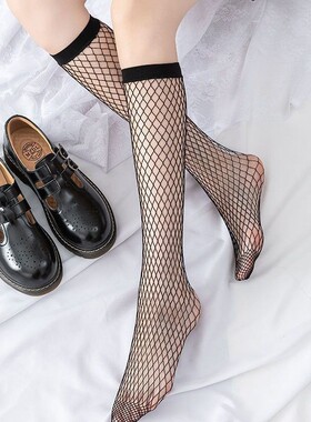 Jk袜子女中筒袜渔网袜黑色ins潮日系小腿袜薄款长筒袜蕾丝黑丝袜