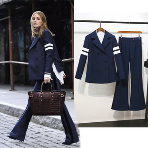 特价清仓拼接外套女两件套春装显瘦显高气质微喇长裤休闲西装套装