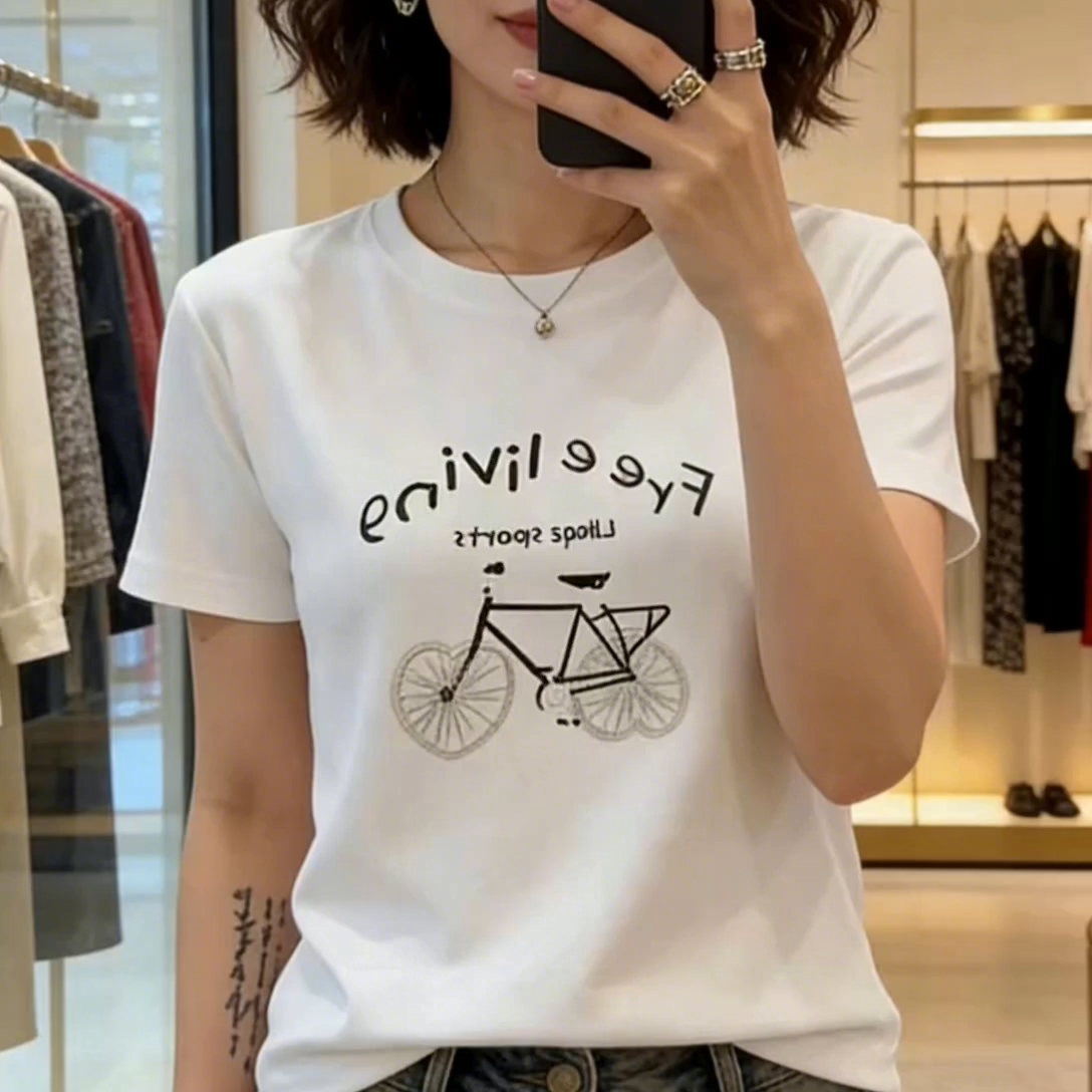 正肩白色t恤女上衣夏韩版休闲百搭卡通单车印花短袖上衣