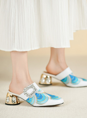 半拖鞋包头国风古风民族风粗跟中跟凉拖蓝色紫色真皮女鞋大码 SLA