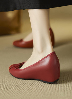 皮鞋高跟内增高单鞋女米白色红色鞋子婚鞋新娘增高鞋全皮真皮 TTX
