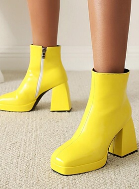 短靴女欧美秋冬鞋粗跟高跟天蓝色白色红色黄色靴子方头大码靴 MZ