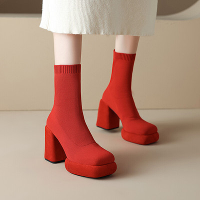 飞织秋冬鞋增高防水台粗跟高跟短靴女棕色红色靴子弹力瘦瘦靴 NMK