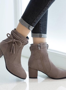 缺码处理 特价 大码靴子灰色靴子粗跟高跟短靴大码女靴 41码 XYJ